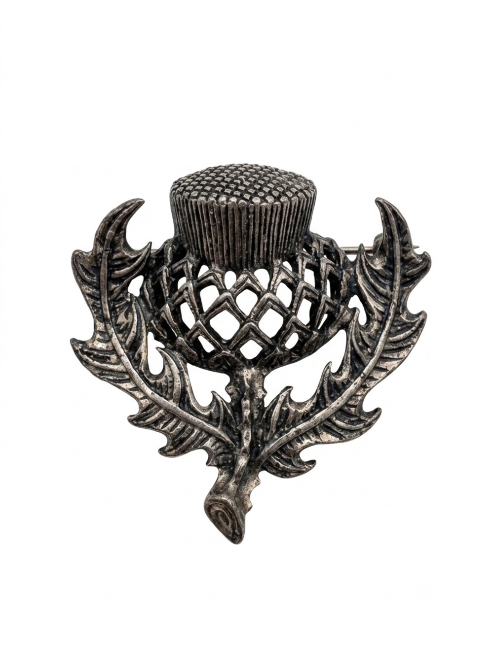 Vintage Scottish Thistle Pin Brooch Celtic Silvertone Leaves Signed Miracle